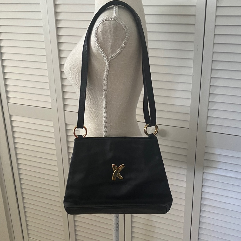 Paloma Picasso Black Shoulder Bag with Gold 'X” Accent Italian Vintage